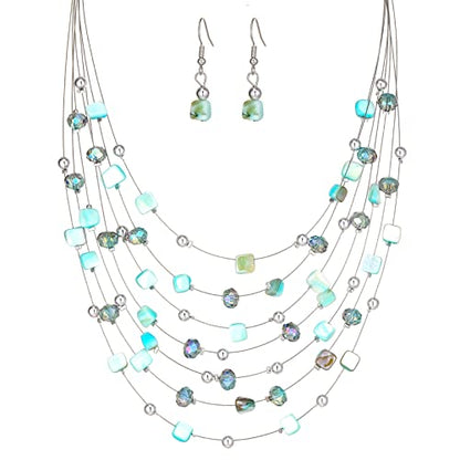 Multi-Layer Boho Shell Beaded Necklace for Women Colorful Crystal Strand with Silver Beads Statement Collars Necklace and Earrings Costumes Jewelry Sets for Women - color: Turquoise
