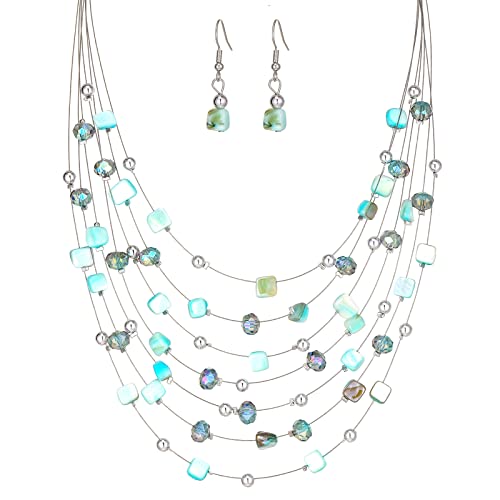 Multi-Layer Boho Shell Beaded Necklace for Women Colorful Crystal Strand with Silver Beads Statement Collars Necklace and Earrings Costumes Jewelry Sets for Women - color: Turquoise