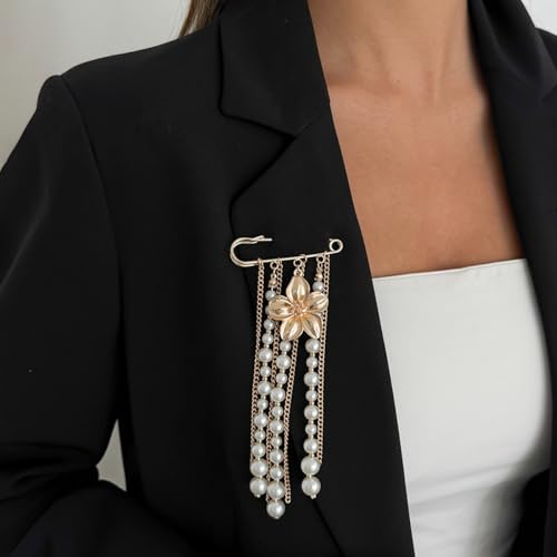 Gold Flower Pearl Tassel Brooch Pin for Women Elegant Pearl Chain Safety Pin Brooch Wedding Party Gift Dainty Elegant Lapel Pins Dress Suit Clothes Accessories - color: Gold