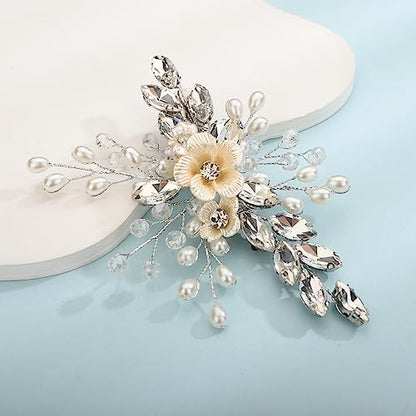 Xerling Silver Rhinestones Crystal Flower Hair Barrettes Clip Boho Bridal Pearl Hair Jewelry Accessories for Women Wedding Floral Headpieces (Silver) - color: Silver