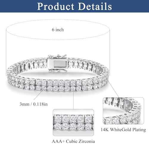 2 Rows Tennis Bracelets for Women Men - 18K Yellow Gold Plated 3mm Round Cut Cubic Zirconia Classic Tennis Bracelet, Size 6.5-8.5 Inch - color: White Gold - 2 Rows, size: 7.5 inch