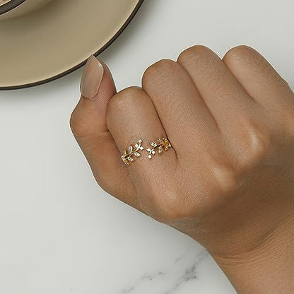 MUNDELL 925 Sterling Silver Simple Multi-layer Leaf Adjustable Ring Green Lucky Leaves Statement Ring for Women Promise Ring Fine Jewelry - color: Golden Leaf