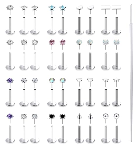 20G 18G 16G 14K Gold Filled Threadless Flat Back Earrings Studs Surgical Stainless Steel Opal CZ Nose Rings Studs Tragus Helix Conch Cartilage Earrings Piercing Jewelry For Women Men Silver - color: Silver, size: 18 Gauge-7MM Bar