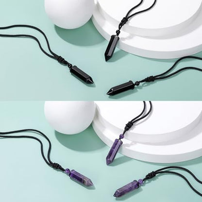 Top Plaza Healing Crystal Stone Necklaces for Men Hexagonal Pendant Necklaces Adjustable Braided Rope Natural Gemstone Necklace Jewelry Christmas Gift for Dad, Husband - color: 2pcs-Amethyst+Black Obsidian