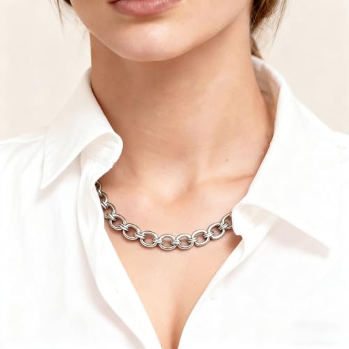 FEEL STYLE Chunky Gold Necklace for Women - 14K Gold Plated 10mm/14mm Cuban Link Chain & 8mm O-Link Chunky Necklace Fashion Jewelry Adjustable - color: Silver Chain, style: 8MM O-Chain