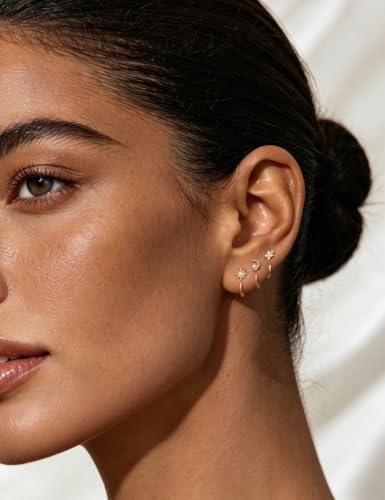 Freekiss 3 Pairs Backless Half Hoop Earrings Set for Women | 14K Gold Plated CZ Stay Close Hoop Earrings, Hypoallergenic Huggie Stackable Earring for Everyday & Sleep Wear Jewelry Gift - color: Celestial Moon Star-GD