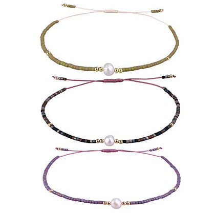 KELITCH 3 PCS Natural Pearls Bracelets Women Strand Thin Rope Friendship Bracelets Handmade Stack Charm Bracelets - color: 02P