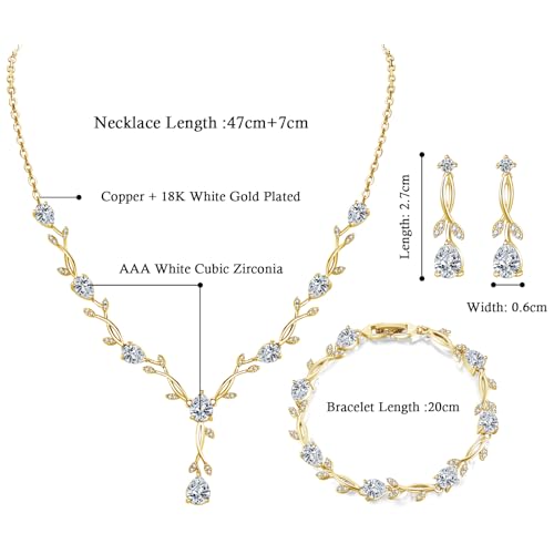 Jewelry Set for Women, Necklace Dangle Earrings Bracelet Set with White AAA Cubic Zirconia, Allergy Free Wedding Party Jewelry for Bridal Bridesmaid - color: Necklace+Braclelet+Earrings-Gold plated style