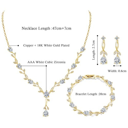 Jewelry Set for Women, Necklace Dangle Earrings Bracelet Set with White AAA Cubic Zirconia, Allergy Free Wedding Party Jewelry for Bridal Bridesmaid - color: Necklace+Braclelet+Earrings-Gold plated style