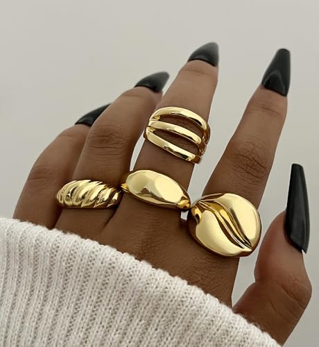 iF YOU 25 Pcs Gold Stackable Ring Set for Women, Chunky Knuckle Finger Midi Rings, Silver Simple Stacking Cute Rings Pack Trendy Stuff Jewelry Gift - style: 12 Gold big chunky