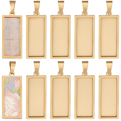 1 Box 10Pcs Stainless Steel Rectangle Pendant Tray Bezel Tray Blanks 31x13mm Gold Charms Pendant Base Cabochon Bezel Blank for Jewelry Making Resin Photo Craft Necklace Bracelets Adults - style: gold rectangle