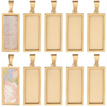 1 Box 10Pcs Stainless Steel Rectangle Pendant Tray Bezel Tray Blanks 31x13mm Gold Charms Pendant Base Cabochon Bezel Blank for Jewelry Making Resin Photo Craft Necklace Bracelets Adults - style: gold rectangle