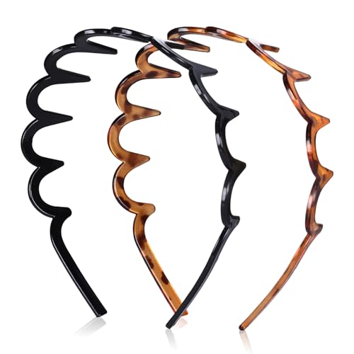 2 Pack Zig Zag Headbands for Women, Non-Slip Wavy Plastic Hair Comb Headbands with Teeth, U-Shape High Cranium Korean Style, Classic 90s Hair Accessories, Gifts for Women (Black & Brown)