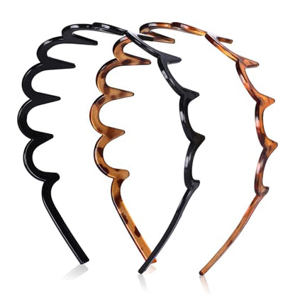 2 Pack Zig Zag Headbands for Women, Non-Slip Wavy Plastic Hair Comb Headbands with Teeth, U-Shape High Cranium Korean Style, Classic 90s Hair Accessories, Gifts for Women (Black & Brown)