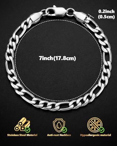 Stainless Steel Figaro Link Chain 7 Inches Silver Bracelet+18 Inches Necklace