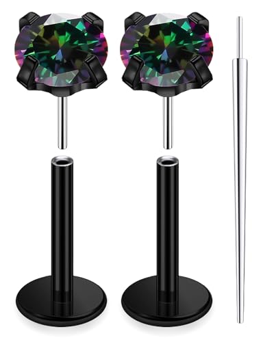 20G 18G 16G Threadless Nose Rings Studs Flat Back Earrings Surgical Stainless Steel CZ Nose Rings Stud Tragus Helix Conch Cartilage Earrings Stud Piercing Jewelry For Women Men Hypoallergenic - color: Black-Rainbow CZ, size: 18 Gauge-7mm Bar-4mm CZ