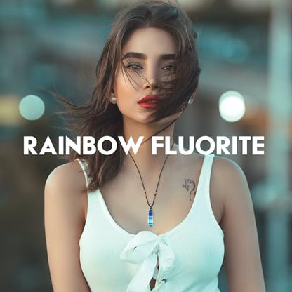 Runyangshi Rainbow Fluorite Healing Crystal Pendants, Double Pointed Natural Crystal Quartz Necklace 6 Faceted Chakra Crystal Wand Stone - color: Rainbow Fluorite