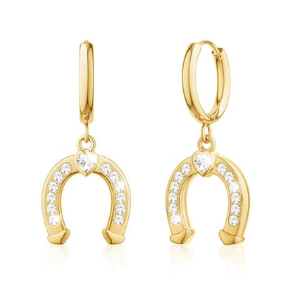 Gold Dangle Earrings for Women,Horseshoe Hoop Huggie Earrings with Heart Cubic Zirconia Hypoallergenic Lightweight Dangling Earrings Lucky Jewelry Gifts Perfect for Christmas,Birthday,Anniversary - style: Huggie
