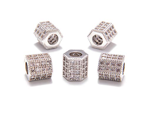 AD Beads Zircon Pave Rhinestones Big Hole Hexagon Spacer Beads 7x8mm 5Pcs Clear on Silver - color: 5 Pcs Clear on Silver Hexagon (7x8mm)