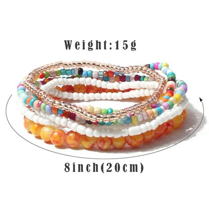 Bohemian Colorful Crystal Glass Beads Seed Beaded Bracelet Handmade Adjustable Stackable Elastic Strand Bangle for Women Summer Beach Hawaii Boho Wristbands Jewelry - color: orange