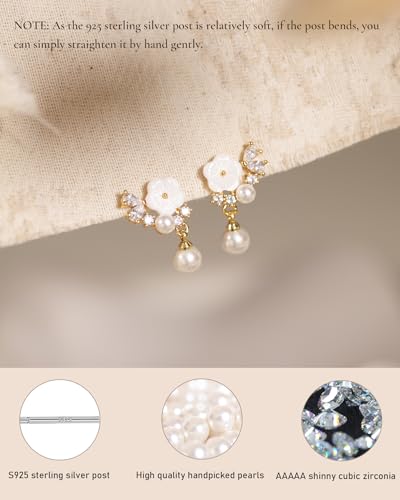 Pearl Earrings for Women Trendy Dainty Wedding Earring 14K Gold Plated/Silver Plated Dainty Cute Drop Dangle Pearl Earrings Studs Hypoallergenic CZ Diamond Wedding Earrings for Brides Prom Jewelry Gift for Women - color: 01.Gold flower