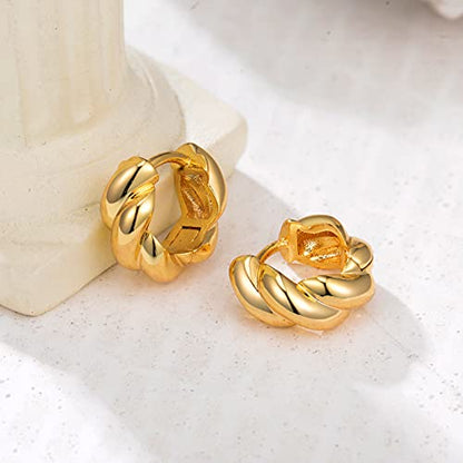 Small Huggie Hoop Earrings For Women, Real Gold Plated Croissant Square Round Earrings Lightweight Everyday Jewelry Hypoallergenic for Sensitive Ears - color: Gold Bold Twist