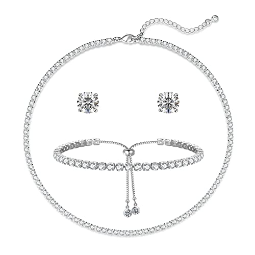 Luxval Tennis Necklace 14K Gold Plated Rhinestone Butterfly Choker Necklaces for women Dainty Zirconia Cut Faux Diamond chain 3mm - color: Tennis Necklace+Bracelet+Earrings-3pcs