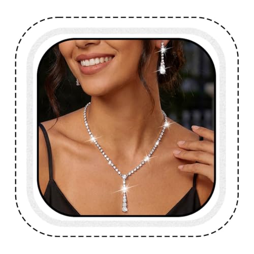 Bride Silver Bridal Necklace Earrings Set Crystal Wedding Jewelry Set Rhinestone Choker Necklace for Women and Brides - color: Silver