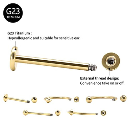 BLISI G23 Solid Titanium Eyebrow Piercing Jewelry, Gold Black Rose Gold Silver Pink Rainbow Eyebrow Rings 16G Curved Barbell,Tiny Vertical Labret Lip Jewelry Rook Piercing Jewelry for Women and Men - color: Gold 1