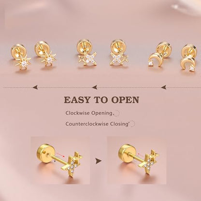 14K Gold Plated 925 Sterling Silver Flat Back Earrings Set | Hypoallergenic Cartilage Helix Conch Tragus Piercing Jewelry 3 Pairs Small Screw Dainty CZ Opal Earring Set Men Women - color: Gold, Style F