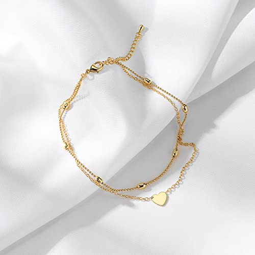Pencros Dainty Layered Anklet,14K Gold Filled Cute Beads Satellite Chain Heart Boho Adjustable Anklets for Women - color: Layer Heart Gold