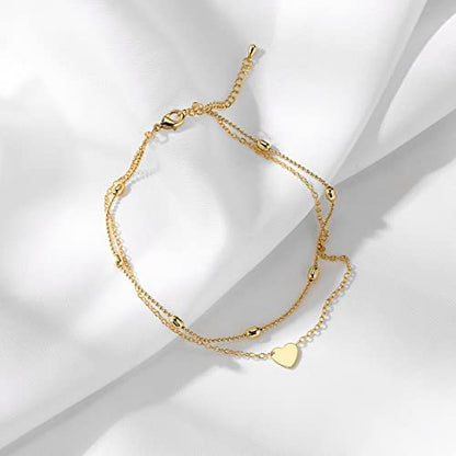 Pencros Dainty Layered Anklet,14K Gold Filled Cute Beads Satellite Chain Heart Boho Adjustable Anklets for Women - color: Layer Heart Gold