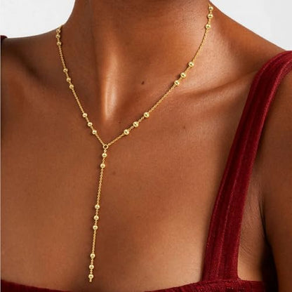 14K Gold Plated Layered Lariat Necklace for Women - Waterproof Non-Tarnish Dainty Gold Chain Necklace, Long Boho Statement Jewelry for Wedding, Prom, Summer Vacation Gifts - color: Beads Y Necklace-Gold