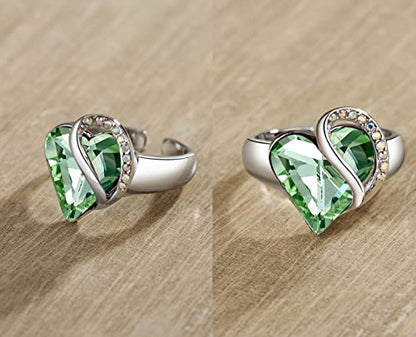 Leafael Infinity Love Women's Adjustable Crystal Heart Ring with Birthstone Crystals Healing Stones, Jewelry Gifts for Women, Birthdays Valentine's Day, Silver-Tone, Open End, Size 6.5-8 - color: 12b-August-Confidence-Light Chrysolite Green