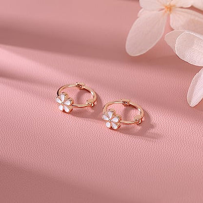 Reffeer Solid 925 Sterling Silver Flower Hoop Earrings Huggie for Women Teen Girls Daisy Hoop Earrings Cartilage Helix Earrings - color: C-Rose Color