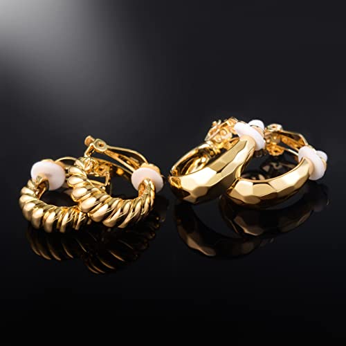 Clip on Earrings Women, 14K Gold Hoop Clip-On Earrings for Women, Hypoallergenic Non Pierced Croissant Earrings - color: Gold Clip Hoops
