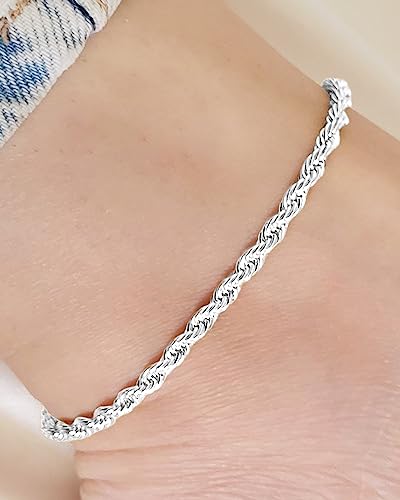 Sterling Silver Ankle Bracelets for Women Strong Lobster Clasp - Cuban Link, Figaro, Rope, Flat Mariner, Snake Herringbone, Satellite, Paperclip - Summer Beach Waterproof Silver Anklet - color: Figaro,Curb,Rope