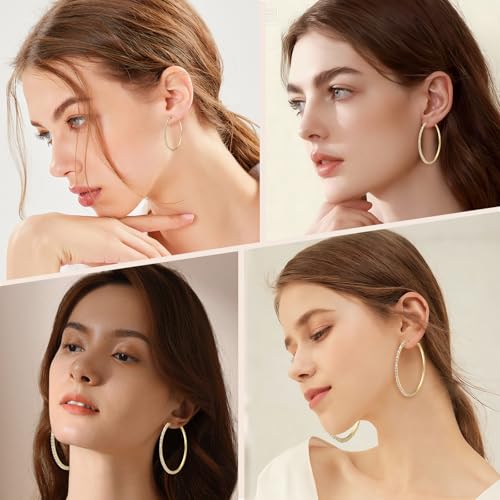 4 Pairs Gold Hoop Earrings for Women | 14K Gold Plated Hypoallergenic Small Large Earrings Set, Lightweight Stainless Steel Hoops - color: Yellow