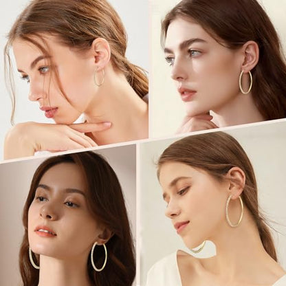 4 Pairs Gold Hoop Earrings for Women | 14K Gold Plated Hypoallergenic Small Large Earrings Set, Lightweight Stainless Steel Hoops - color: Yellow
