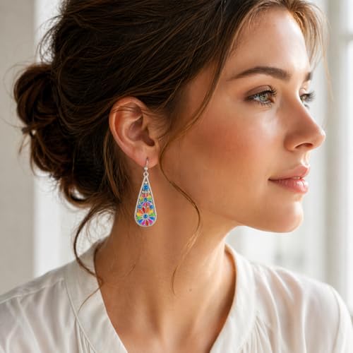 Bohemian Crystal Teardrop Dangle Earrings, Copper, Tribal Geometric Design, Handmade National Style for Women - color: Rainbow