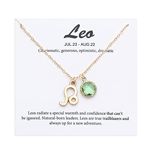 14k Gold Plated Zodiac Birthstone Crystal Pendant Necklace, Horoscope Sign Charm Necklace for Women Birthday Gift - color: Leo-Aug.