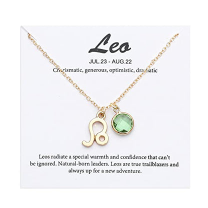 14k Gold Plated Zodiac Birthstone Crystal Pendant Necklace, Horoscope Sign Charm Necklace for Women Birthday Gift - color: Leo-Aug.