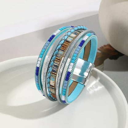 Women's Multi Layer Leather Wrap Bracelet String Bracelets for Women, Boho Braid Multi-Layer Crystal Beads Cuff Women Bracelet Jewelry - color: Light Blue