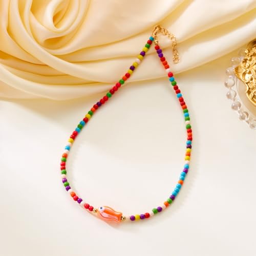 Seed Bead Choker Necklace for Women Bohemian Tiny Beads Choker Colorful Rice Bead Starfish Choker Summer Surfer Beach Necklace Jewelry Gift - color: A-Colorful Fish