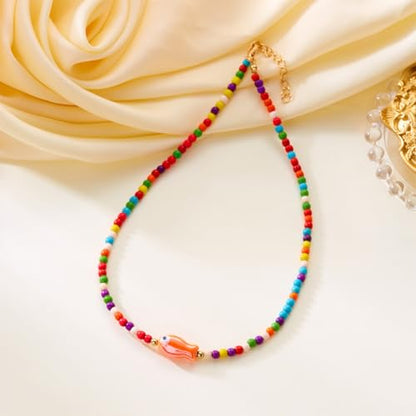 Seed Bead Choker Necklace for Women Bohemian Tiny Beads Choker Colorful Rice Bead Starfish Choker Summer Surfer Beach Necklace Jewelry Gift - color: A-Colorful Fish