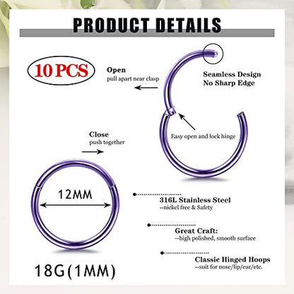 Besteel 10PCS Septum Nose Rings Hoops for Women Men - 16G 18G 316L Surgical Stainless Steel Hinged Clicker Lip Helix Rook Tragus Daith Conch Piercing Jewelry Cartilage Sleeper Earrings Set 8/10/12MM - style: 10 PCS - 18G 12MM