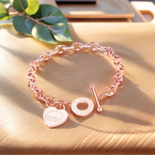 Heart Charm Bracelet Plated 18K Gold/Silver/Rose Gold Bible Scripture Heart Bracelet for Women Jewelry Gift Zircon Her Link Chain OT Clasp Stainless Steel Birthday - color: Rose Gold, size: 8.1 inch