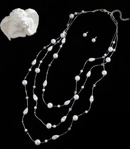 Errally Long Pearl Necklace and Earring Set Layered Pearl Beaded Necklaces for Women White Costume Jewelry Sets Gifts for Mom - color: Teardrop Shaped