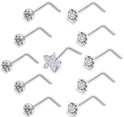 Prjndjw 20G Big Nose Stud Large Nose Studs Surgical Stainless Steel Straight Nose Studs 4mm CZ Paved CZ Nose Rings with 6-CZ Flower Ring for Women Men 11 Pieces - color: 4mm CZ Big 20G Silver L-shaped Nose Stud