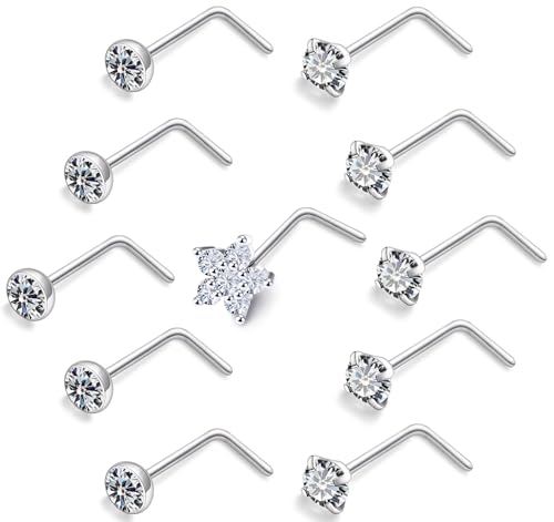 Prjndjw 20G Big Nose Stud Large Nose Studs Surgical Stainless Steel Straight Nose Studs 4mm CZ Paved CZ Nose Rings with 6-CZ Flower Ring for Women Men 11 Pieces - color: 4mm CZ Big 20G Silver L-shaped Nose Stud